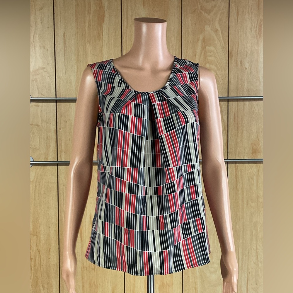 Evan Picone Black, Red, Cream & White Striped Sleeveless Blouse
